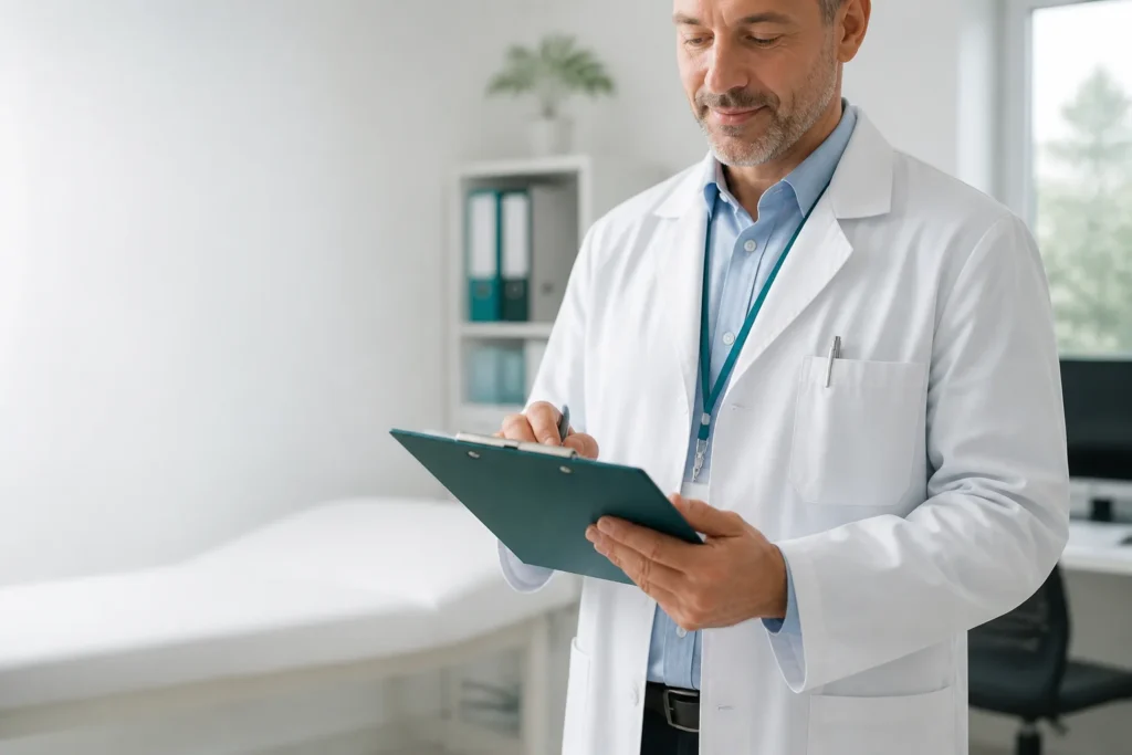 Medico competente di AZ Medica durante la valutazione della documentazione sanitaria aziendale