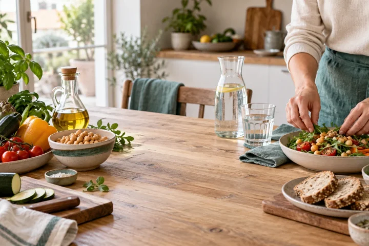 Preparazione di un pasto con verdure, legumi, pane e acqua in una cucina luminosa