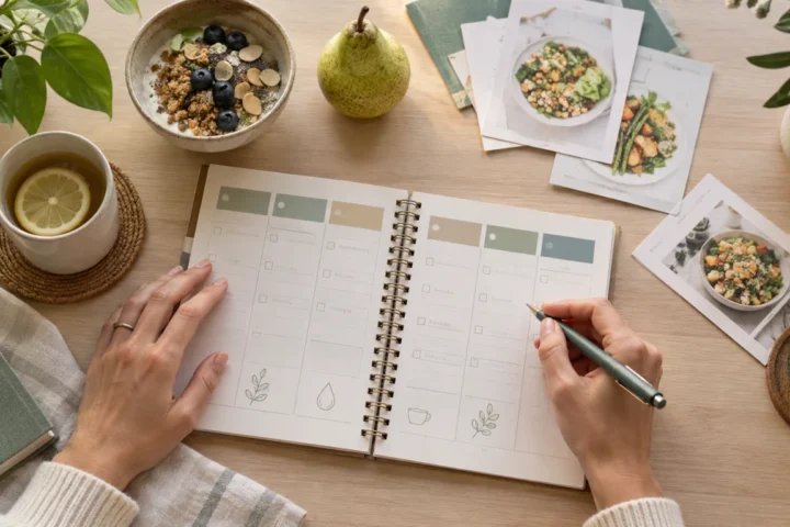 Scena illustrativa con un quaderno di organizzazione dei pasti
