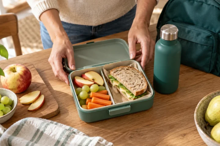 Scena illustrativa di un contenitore per il pranzo scolastico con frutta e pane