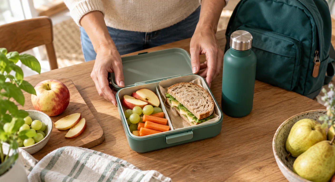 Scena illustrativa di un contenitore per il pranzo scolastico con frutta e pane