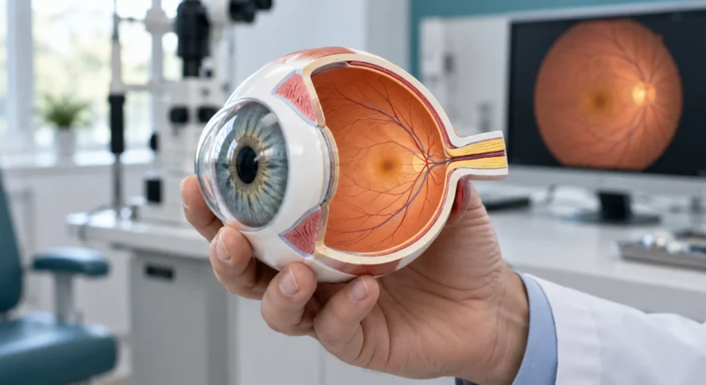 Modello anatomico dell’occhio aperto per mostrare la retina, tenuto in una mano