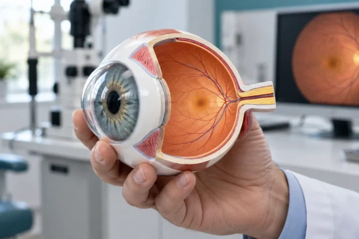 Modello anatomico dell’occhio aperto per mostrare la retina, tenuto in una mano