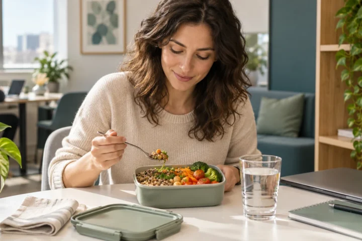 Scena illustrativa di una pausa pranzo in ufficio con un pasto portato da casa