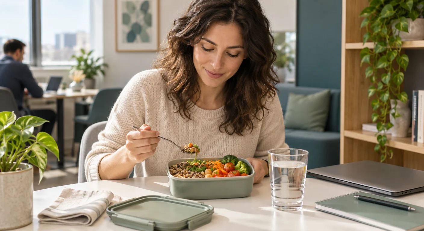 Scena illustrativa di una pausa pranzo in ufficio con un pasto portato da casa