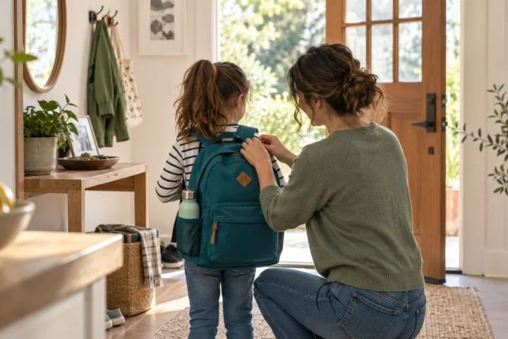 Scena illustrativa di un genitore che prepara lo zaino con una bambina in età scolare
