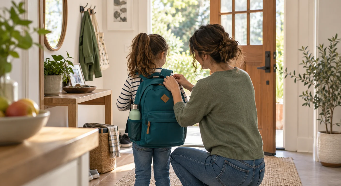 Scena illustrativa di un genitore che prepara lo zaino con una bambina in età scolare